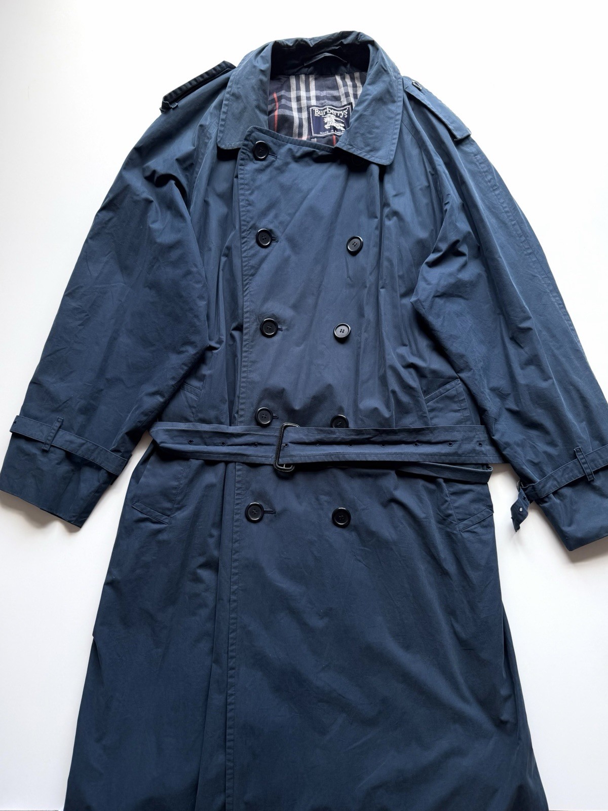 Vintage 90s Burberry Double-Breasted Navy Belted Trench Coat