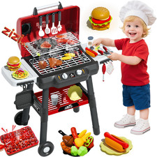 Kids Grill Playset, BBQ Toy Grill with Smoke Sound Light and Wheel, Movable Pret