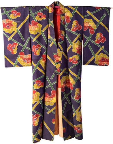 1940's Vintage Japanese Meisen Silk KIMONO Boho Gown Robe Jacket Coat Antique
