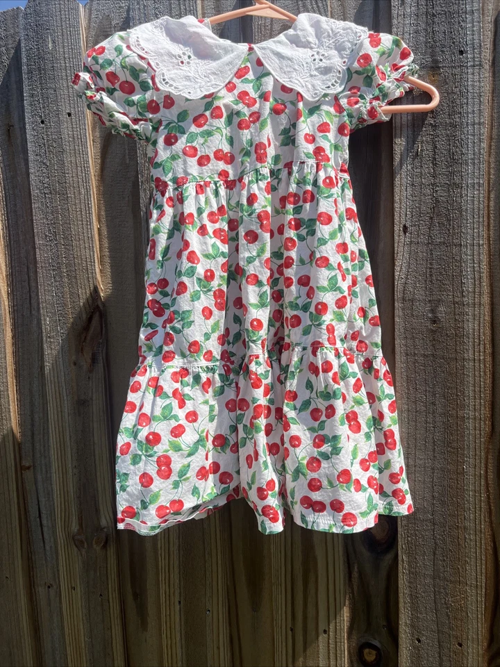 Pink Berry Vintage Fruitty Cherry cherries party Dress Girls Sz 7 eyelet collar - Image 2 of 4