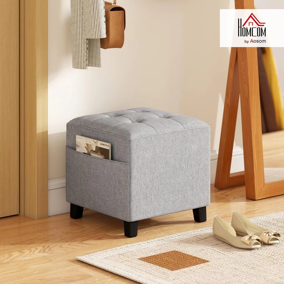 Footstool Pouffe with Side Pocket Small Ottoman Padded Seat Living Room Bedroom - Image 2 of 4