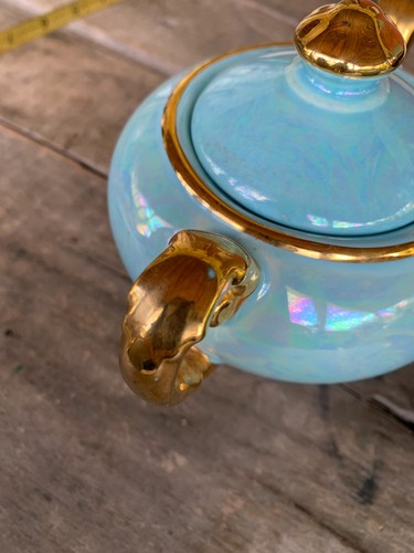 Teiere vintage Acme artigianali blu opalescente lustro crema zucchero bordo oro 22k - Foto 11 di 16