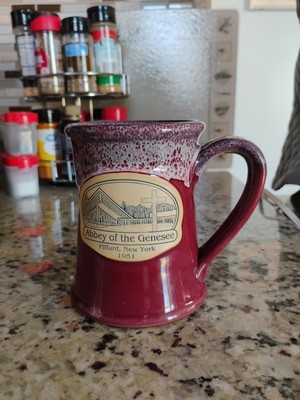 Deneen Pottery Mug Abbey Of The Genesee NY 2013 Burgandy Dripped Glaze 