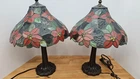 Pair Tiffany Style Stained Glass Table Lamps Floral Poinsettia Vintage