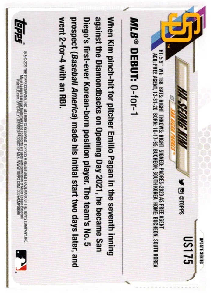 2021 Topps Update Ha-Seong Kim Rookie San Diego Padres #US175 - Image 2 of 2