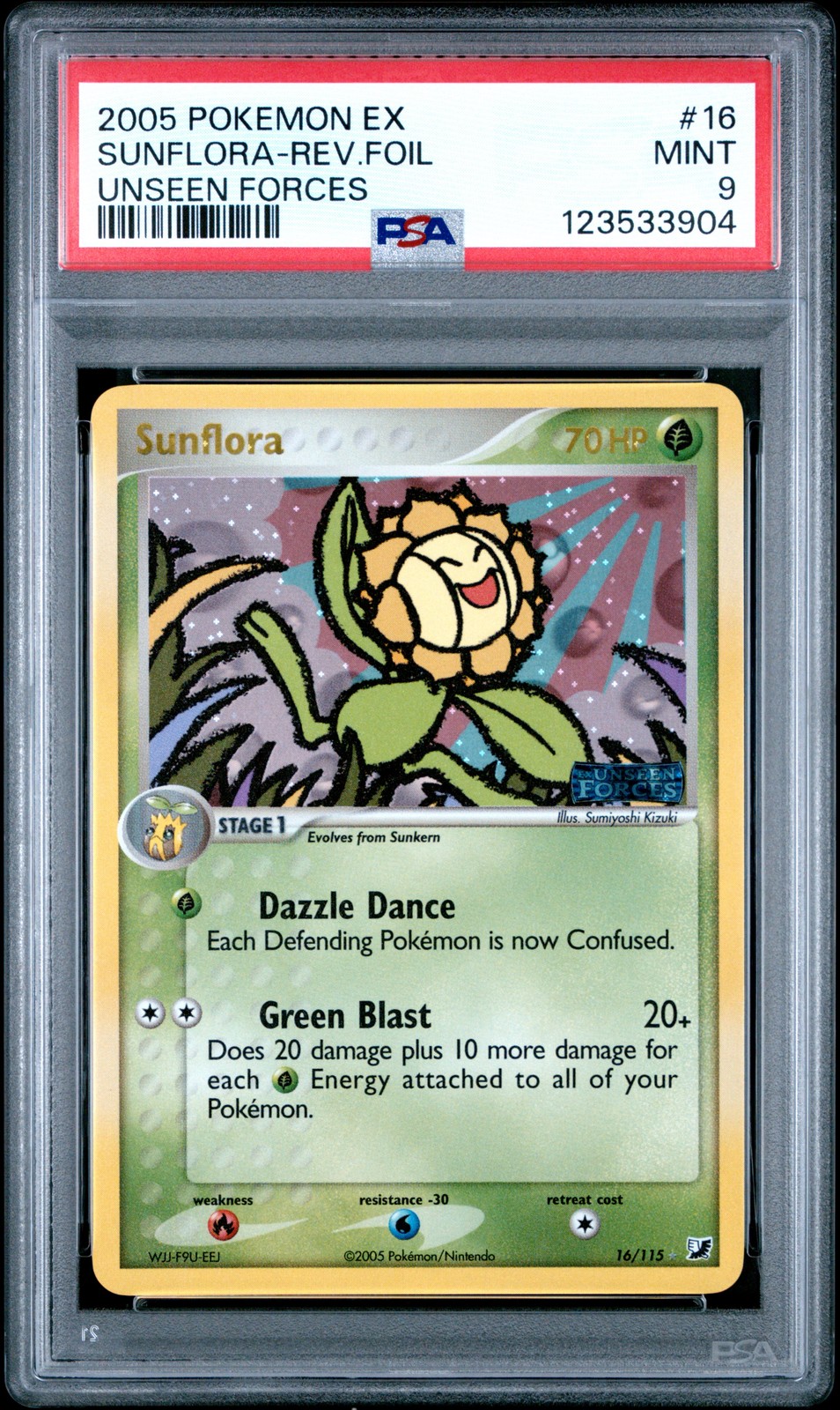 2005 POKEMON EX UNSEEN FORCES #16 SUNFLORA-REVERSE FOIL PSA 9