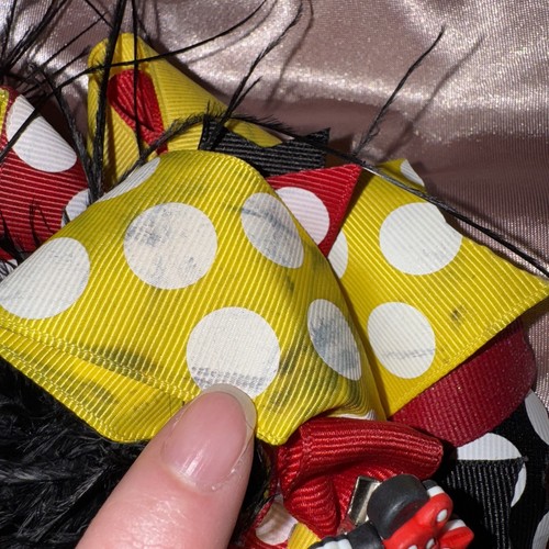 Custom Minnie Mouse Black Red Yellow Hair Bow With Feather On Clip - Picture 5 of 13