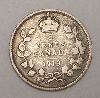 1913 Canada Canadian 5 Cents King George V Silver Coin
