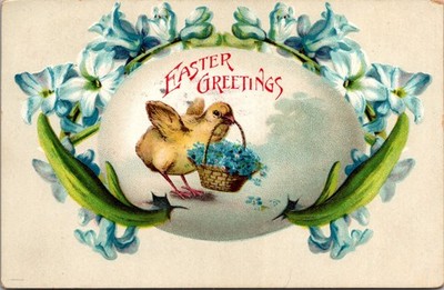 Easter Greetings-Chick Holding Basket-Flowers-Divided Postcard