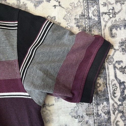 Guinness Mens Polo Shirt Large Burgundy Grey Black Striped Short Sleeve Cotton - Picture 5 of 8