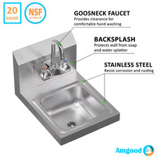 12 In. X 16 In. Stainless Steel Hand Sink. Commercial Wall Mount Hand Basin w...