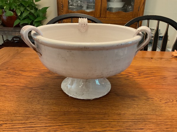 Rustic White Handmade Pedestal Centerpiece with 3 Scroll Handles Made in Italy
