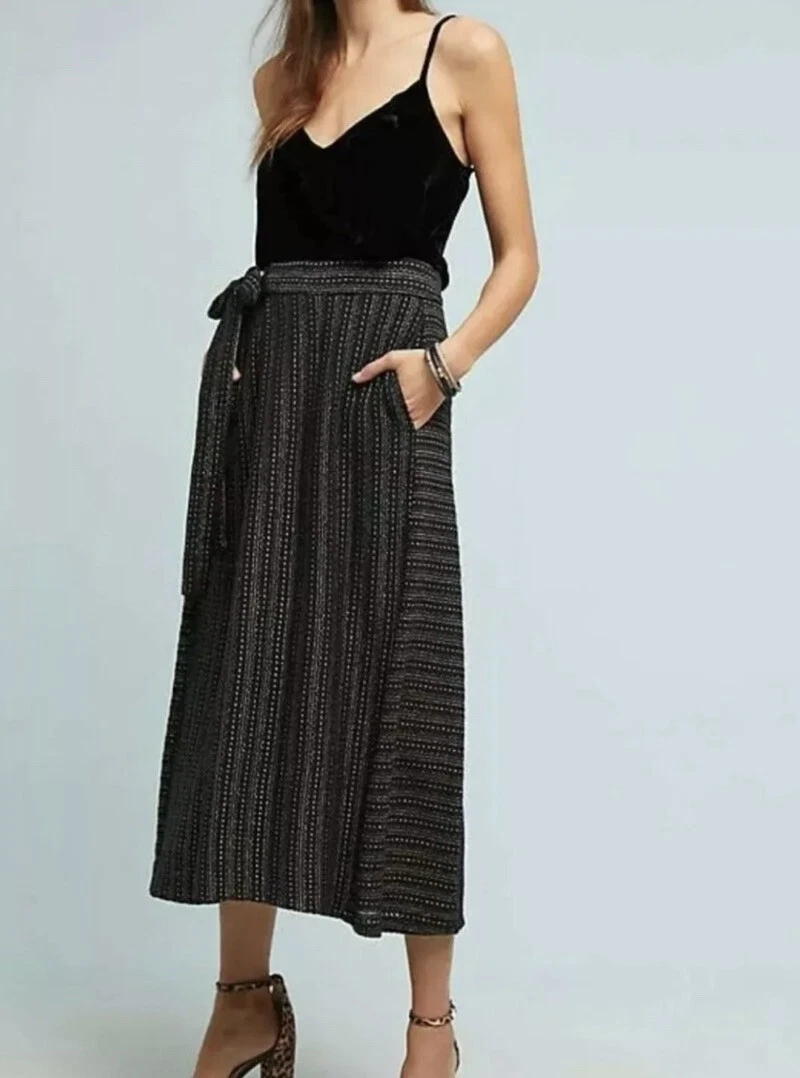 NEW size M EVA FRANCO Knit Striped Metallic Wide Leg Faux Wrap Black Pants Capri