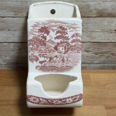 Vintage Ceramic Wall Match Holder Red Toile Countryside Horses Fish People Lake