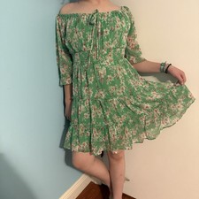 Charlotte Russe Women's Green Floral Off Shoulder Ruffle Short Dress Size XL