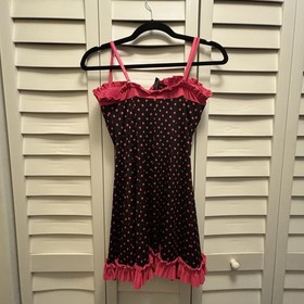 Victoria's Secret Sexy Little Things Chemise 36C Black Pink Babydoll Polka Dots