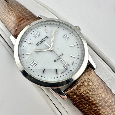 Geneva Mens Watch 35mm MOP Dial Brown Faux Leather Analog Quartz 3084 MD-311