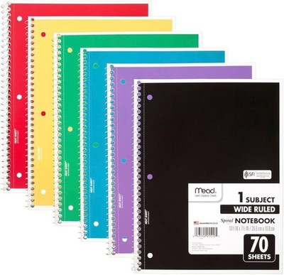 Mead 1 Subject Wide Ruled Spiral Notebook 70 Sheets Multicolor 10.5 x 7.5