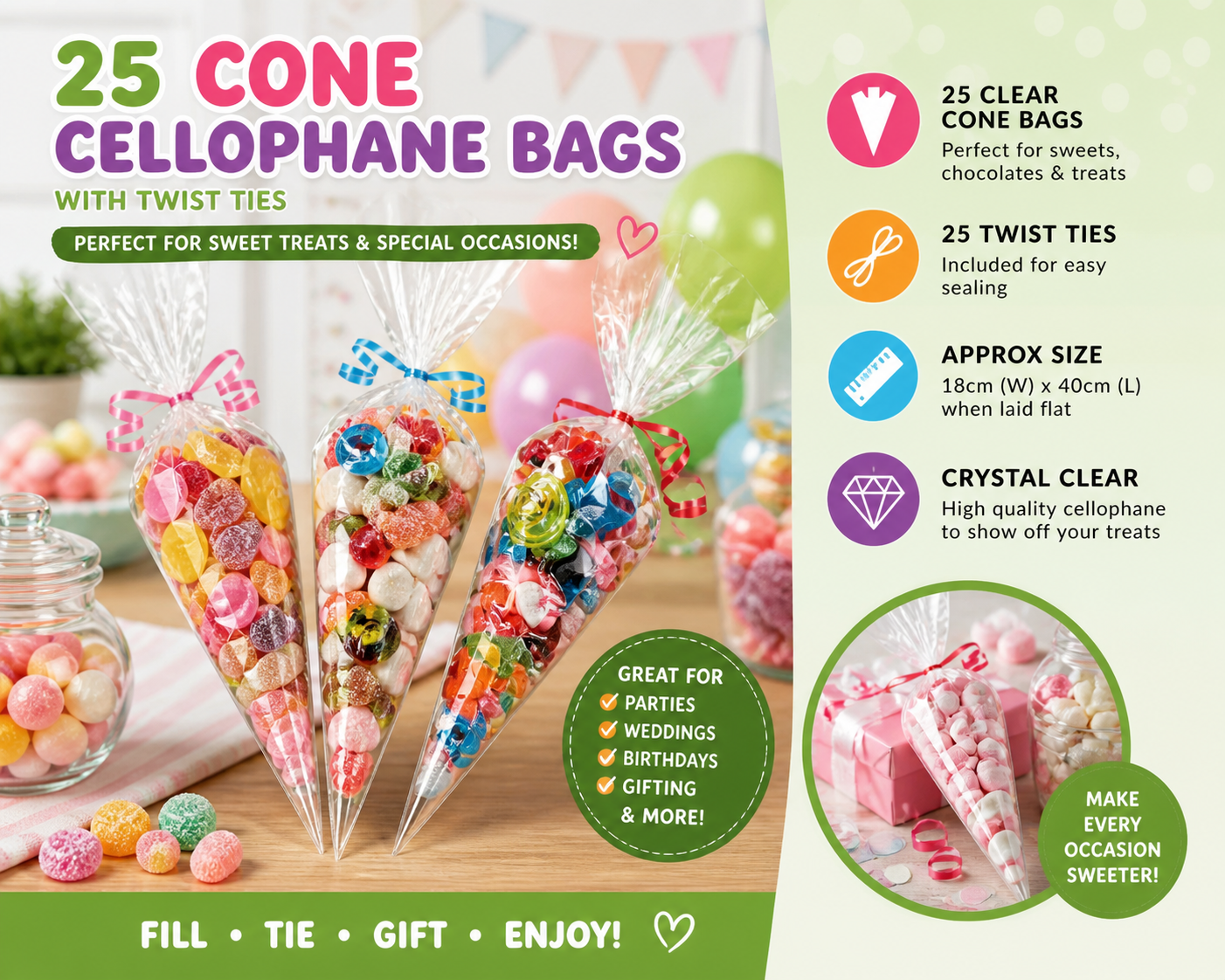 Sweet Cone Bags 25 Pack Clear Cellophane Cone Treat Bags With Twist Ties Party