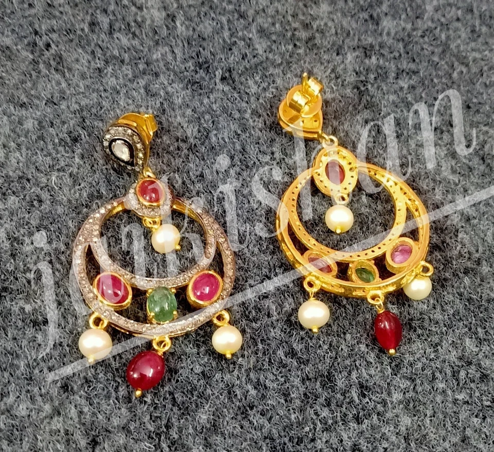 Echt Rubin Smaragd Edelstein Pflastern Polki Diamant 925 Sterlingsilber Ohrring - Bild 3 von 4