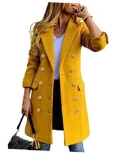  Womens Fall Winter Wool Coats Double Breasted Midi Peacoat Medium Yellow