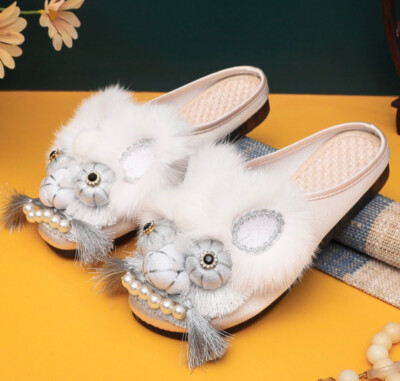 Womens Flat Shoes Mule Hanmade Enthic Tiger Head Design Retro Slipper Slip On