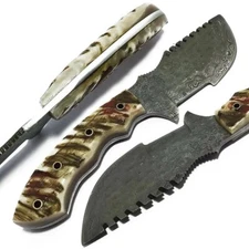 10" Handmade Damascus Military hunting tracker fixed blade Survival Ram Horn
