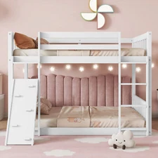Twin Over Twin Floor Bunk Bed Playhouse Floor Bed W/ Climbing Ramp/ Ladder White
