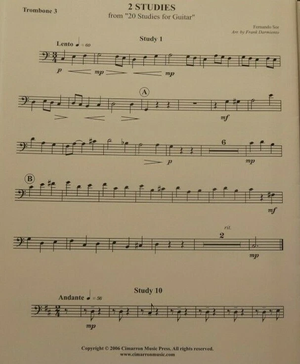 Trombone Quartet 2 Studies (1 & 10)  20 Studies for Guitar by Sur arr Darmiento - Image 4 of 4