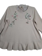 LC Lauren Conrad Size Med Peplum Sweater Embroidery Scoop Back W/Tie Beige Cream