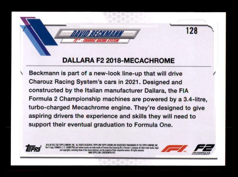 2021 Topps Chrome Formula 1 Black & White RayWave #128 David Beckmann F2 Cars - Image 2 of 2
