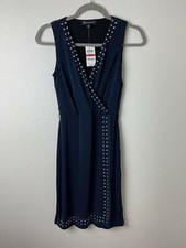 INC Women's Dress Navy Blue Size XS Sheath Faux Wrap Studded  NWT
