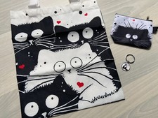 Geschenkset Beutel  Tasche Schlüsselanhänger mit Katzenmotiv Katze Set NEU (S01)