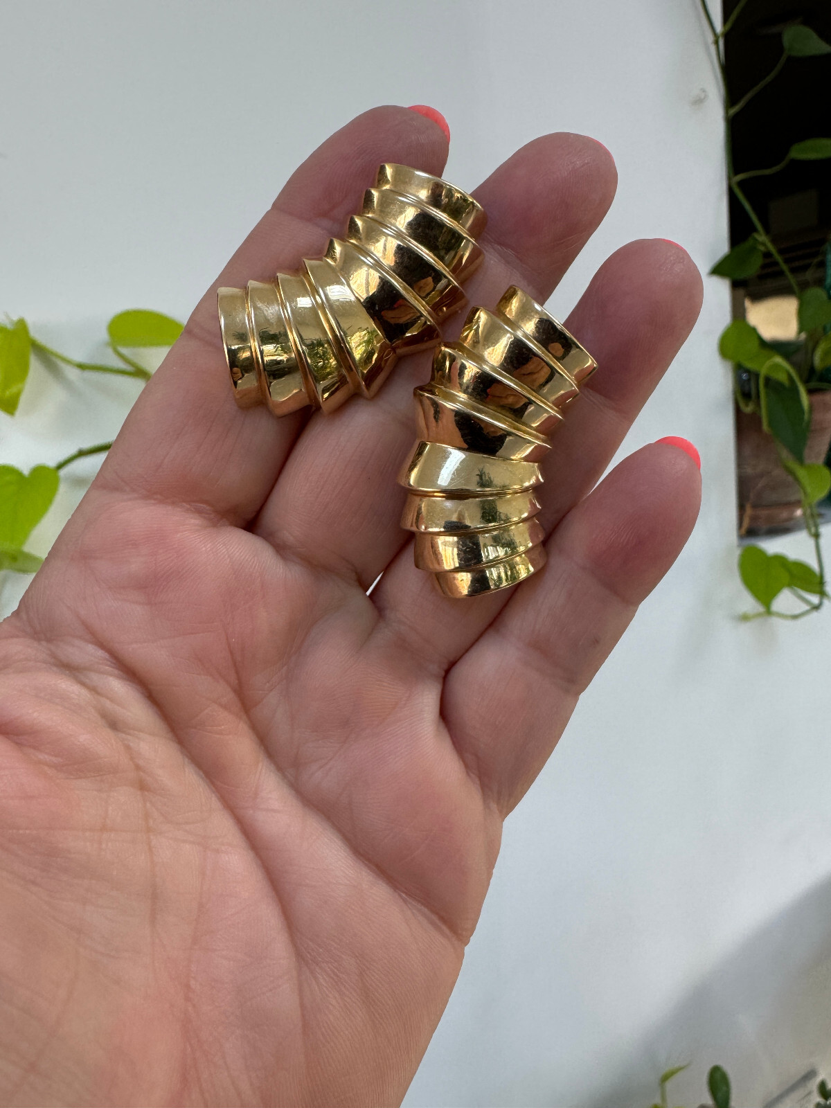 14K  Earrings Statement Solid Gold Ribbed - image 2