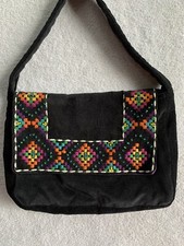 VTG Velvet Shoulder Bag Purse Black Boho Flap Top Embroidery Festival India
