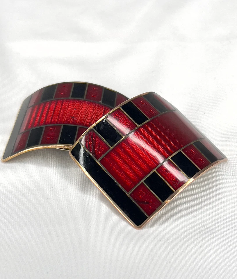 Antique 1920s-30s Cloisonné Shoe Buckles Red & Black Enamel Chic Art Deco Pair - Image 3 of 4