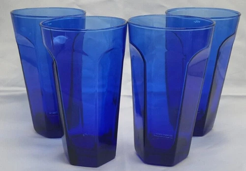 Vintage Set of 4 ANCHOR HOCKING Cobalt Blue Tumblers Glass Arched Panels