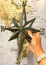 Nautical Star Compass Wall Decor Garden Verdigris Green w/gold Cast Iron Metal