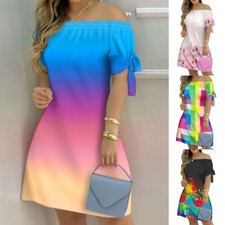 Women Short Sleeve Print Mini Dress A-Line Short Sundress Sexy Off Shoulder