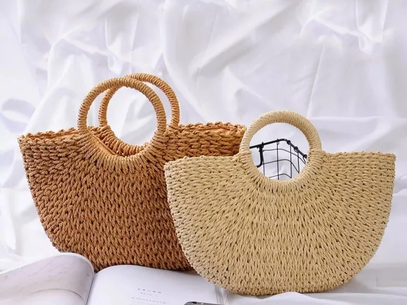 Women Summer Beach Bag, Straw Handbag Top Handle Big Capacity Travel Tote Purse Hand Woven Straw Large Hobo Bag