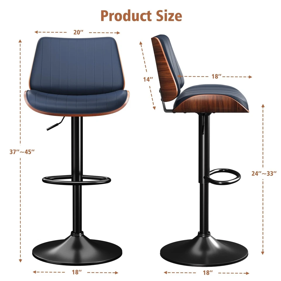 1pc Bar Stool Swivel Adjustable with PU Leather Back for Kitchen Dining Blue - Image 2 of 4