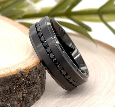8mm Black Titanium Stylish Ring CZ Pave Inlay Hypoallergenic Christmas Gift Band