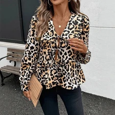 Leopard Print Tie-Front top ruffle Collar