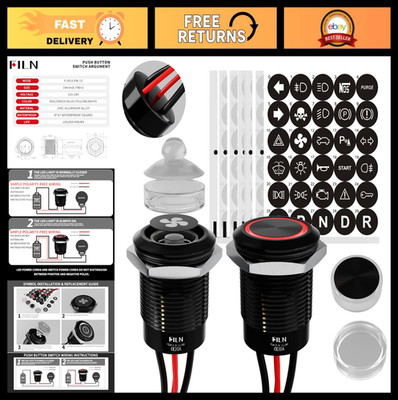 2-Pack 19mm Red LED Latching Push Button Switch 12V-24V Waterproof 20A for Car B