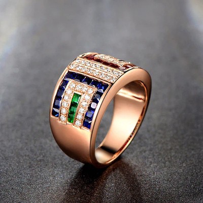 Women Color Zircon Ring Geometric Copper Gold Plated Inlaid Gemstones Semi