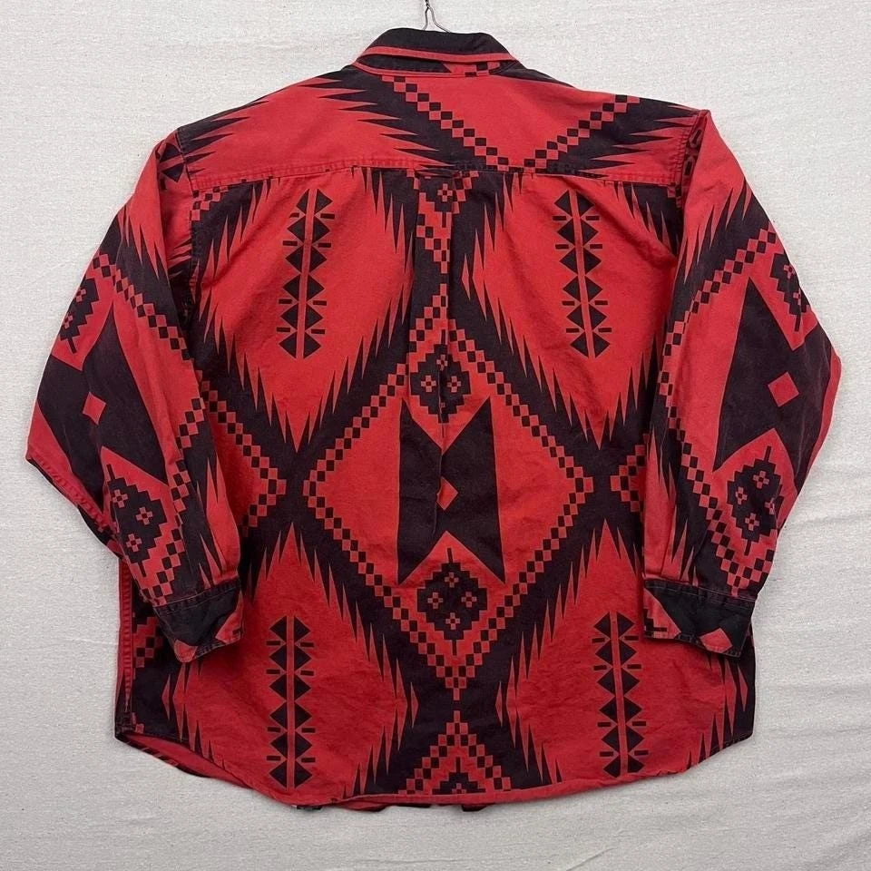 Vintage 90s Orvis Aztec Patterned Button Down Shirt Orange Southwest Western - Image 2 of 4