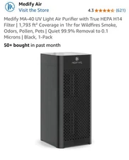 Medify Light Air Purifier w True HEPA H14 Filter Black MA-40 UV 1,793 sqft