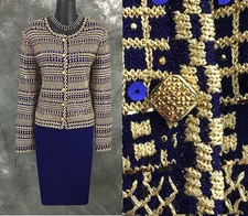 BEAUTIFUL St John evening knit purple gold embellished jacket skirt suit M 8