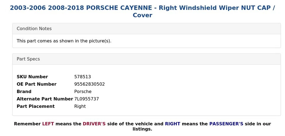 2003-2006 2008-2018 PORSCHE CAYENNE - Limpiaparabrisas derecho Tapa tuerca / Cubierta Foto 4 de 4