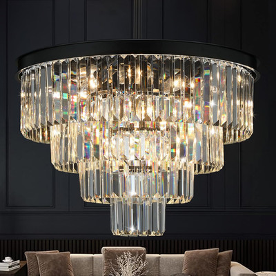 Modern 15-Light Crystal Chandelier, 4-Tier Black Fixture for Dining Room